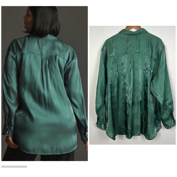 Anthropologie Silky Iridescent Button Up Green Long Sleeve Shirt Plus 3X - Picture 9 of 14